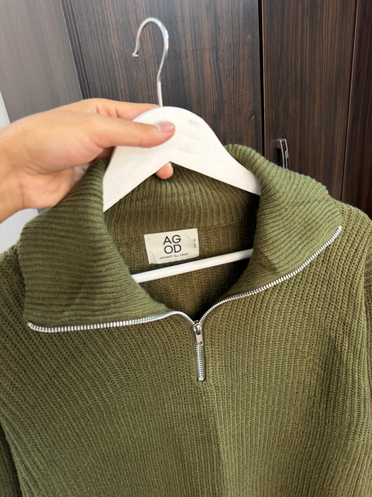 AGOD quarter zip green sweater