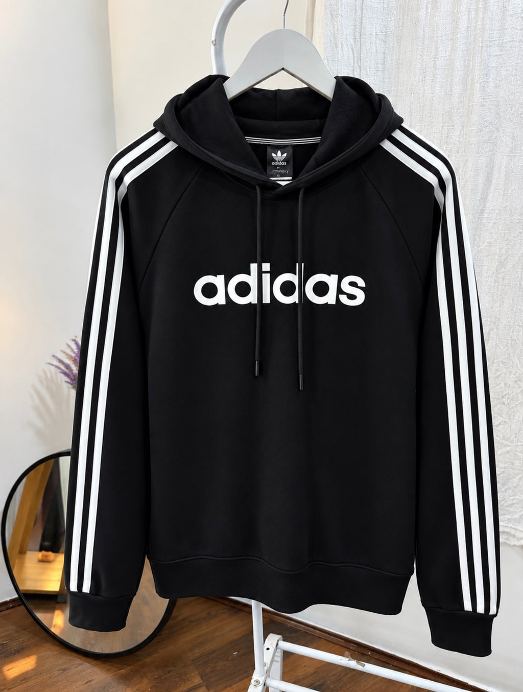 Adidas black three strap hoodie