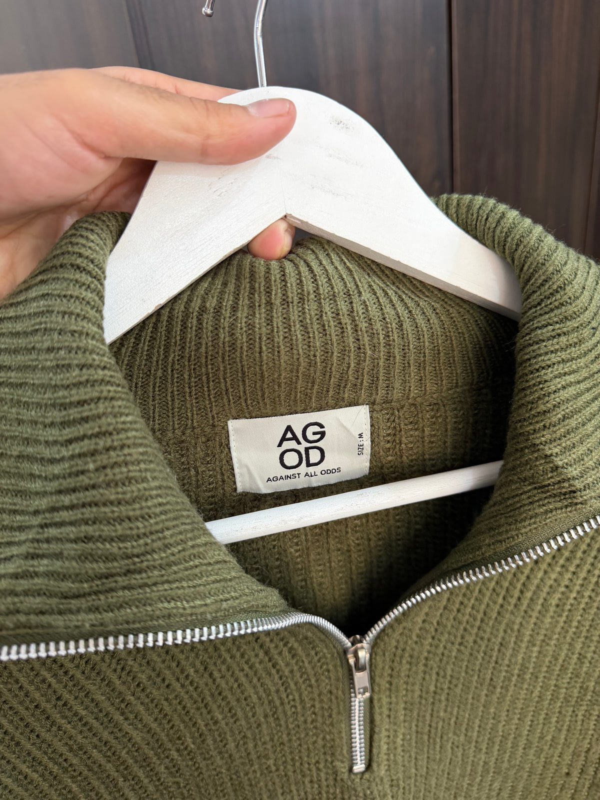 AGOD quarter zip green sweater